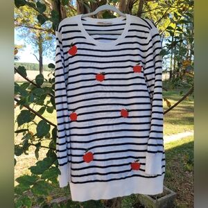 LOFT Sweater with Black Stripes and Red Apples